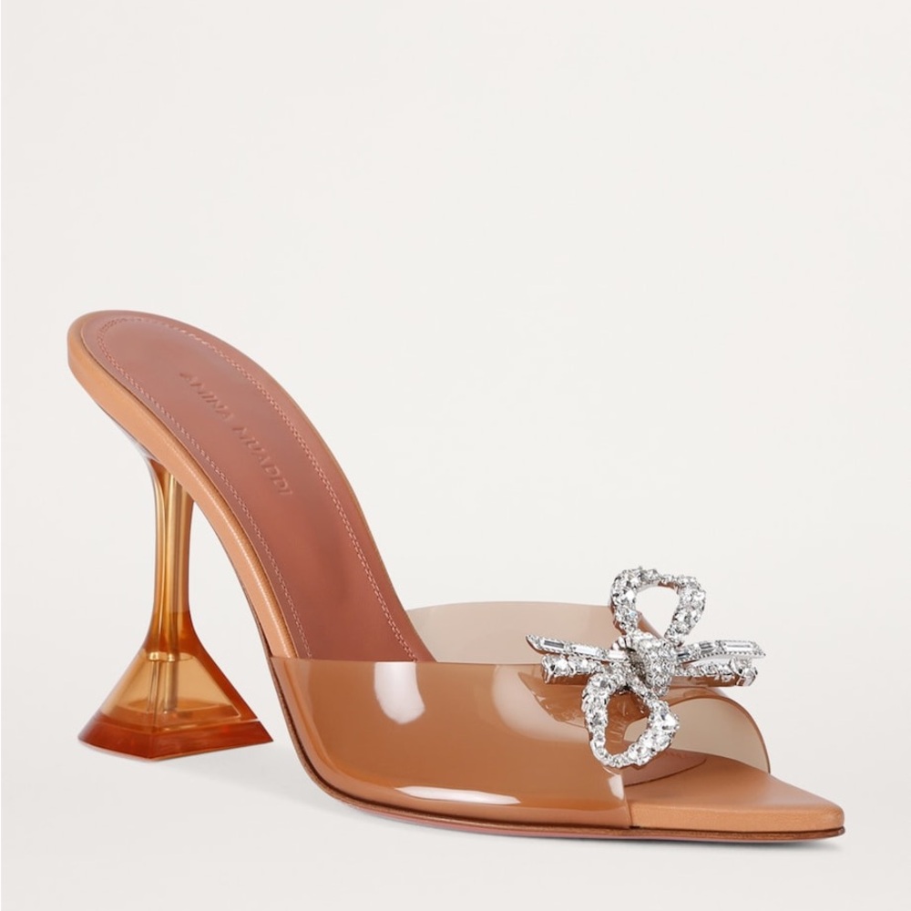 Amina Muaddi Embellished Rosie Glass Mules 95 PVC Latte size 39